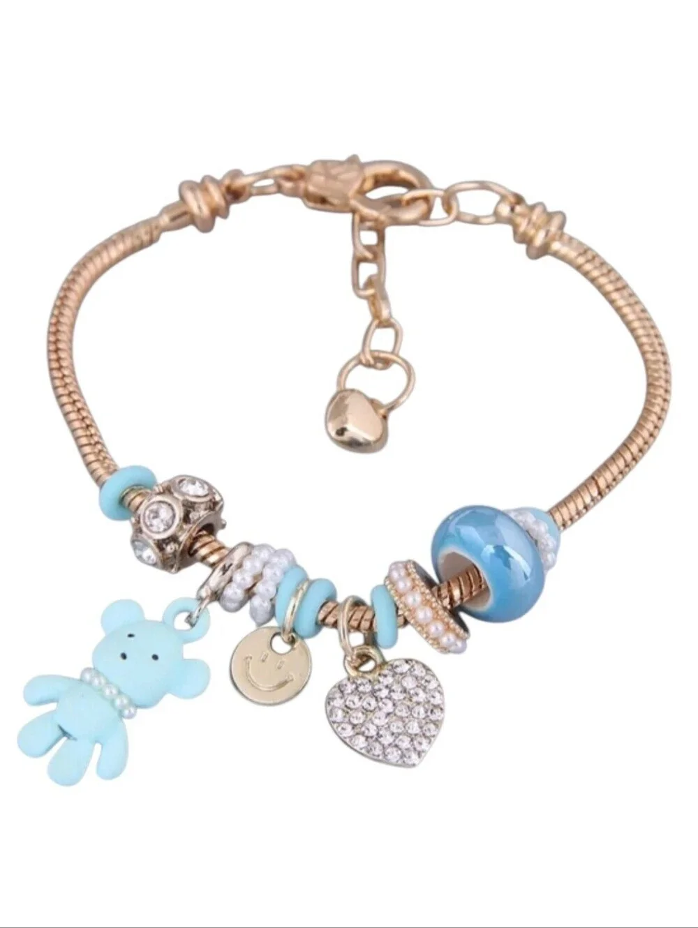 Heart and Teddy Bear Charm Bracelet Blue Zircon Heart Charm